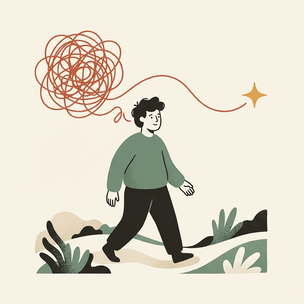 A person walking forward as the tangle of work thoughts unravels behind them into a single thread that leads to a star.