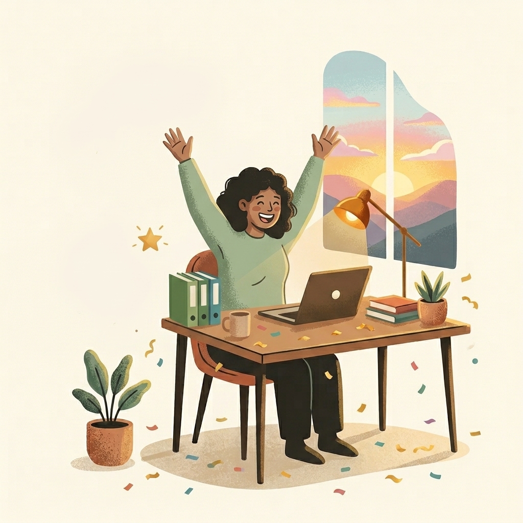 A person at their desk, arms raised, the day's worries behind them.